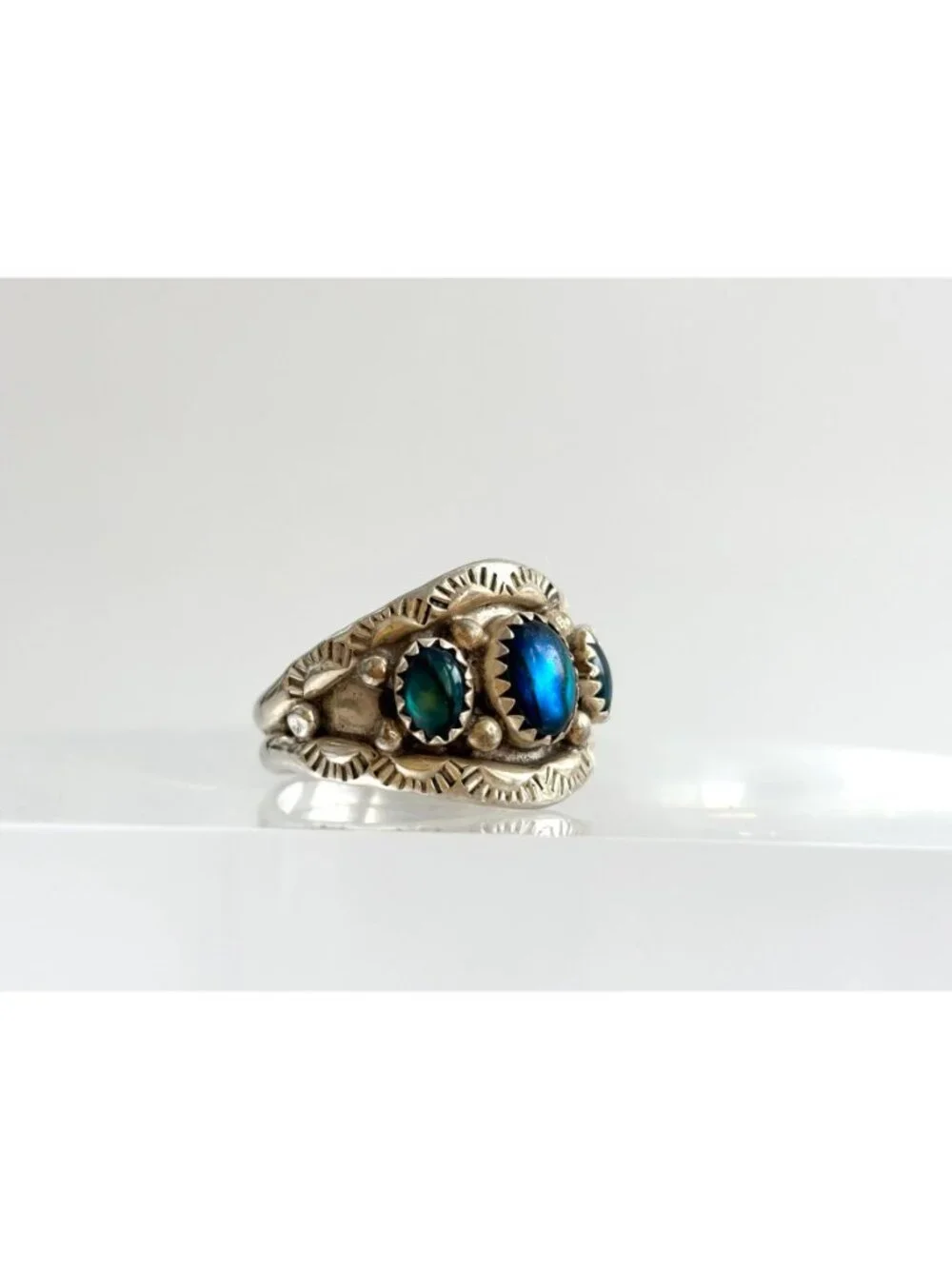 Navajo Blue Abalone Gemstone Southwest Sterling Silver 925 Vintage Ring - sz 10